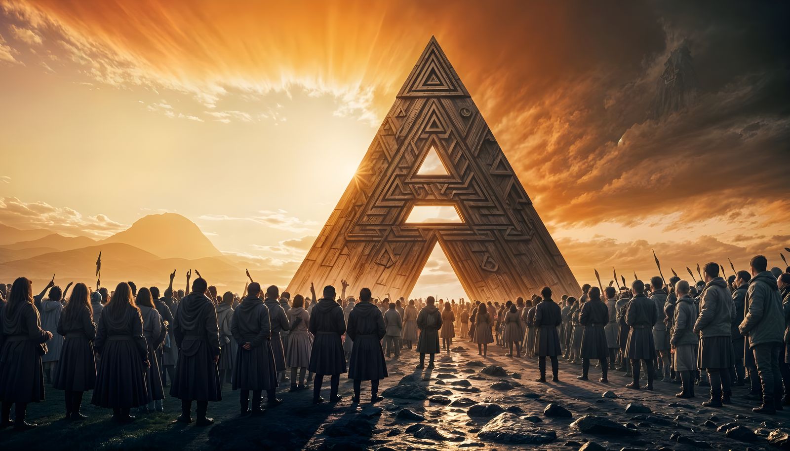 Crowd Worshipping Monolith with Valknut Symbol