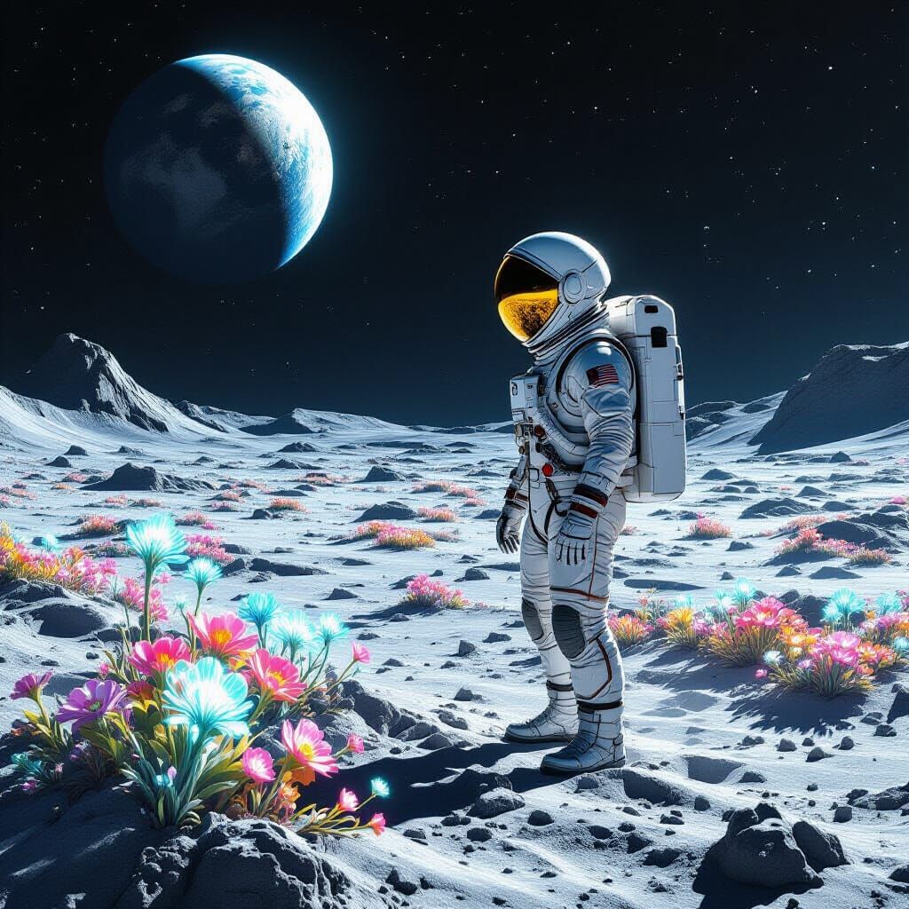 Astronaut Tends Glowing Moon Garden Under Earthlight