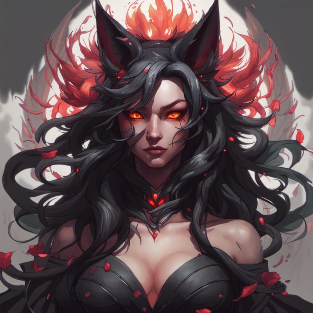 Demonic Black Kitsune Portrait in Hyperdetailed Style