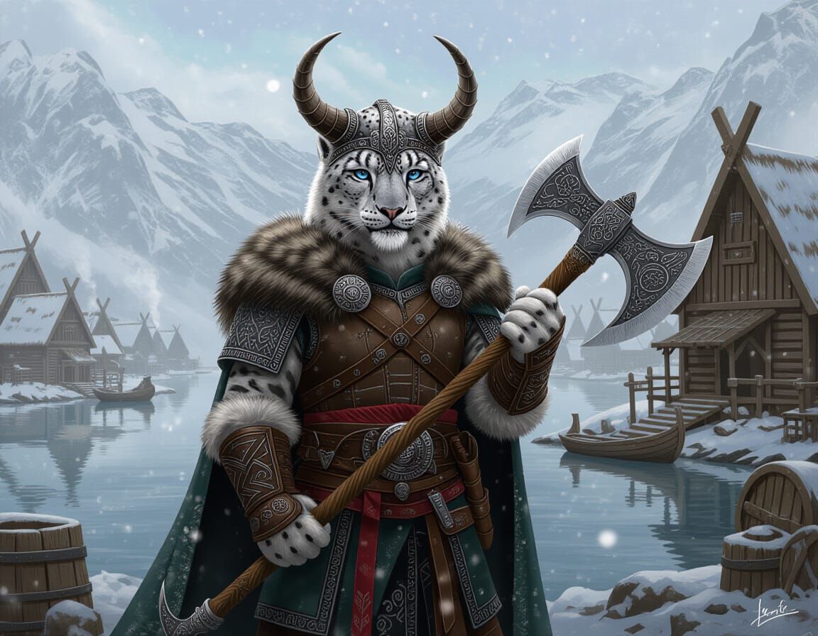 Snow Leopard Viking Warrior in Misty Fjord Village