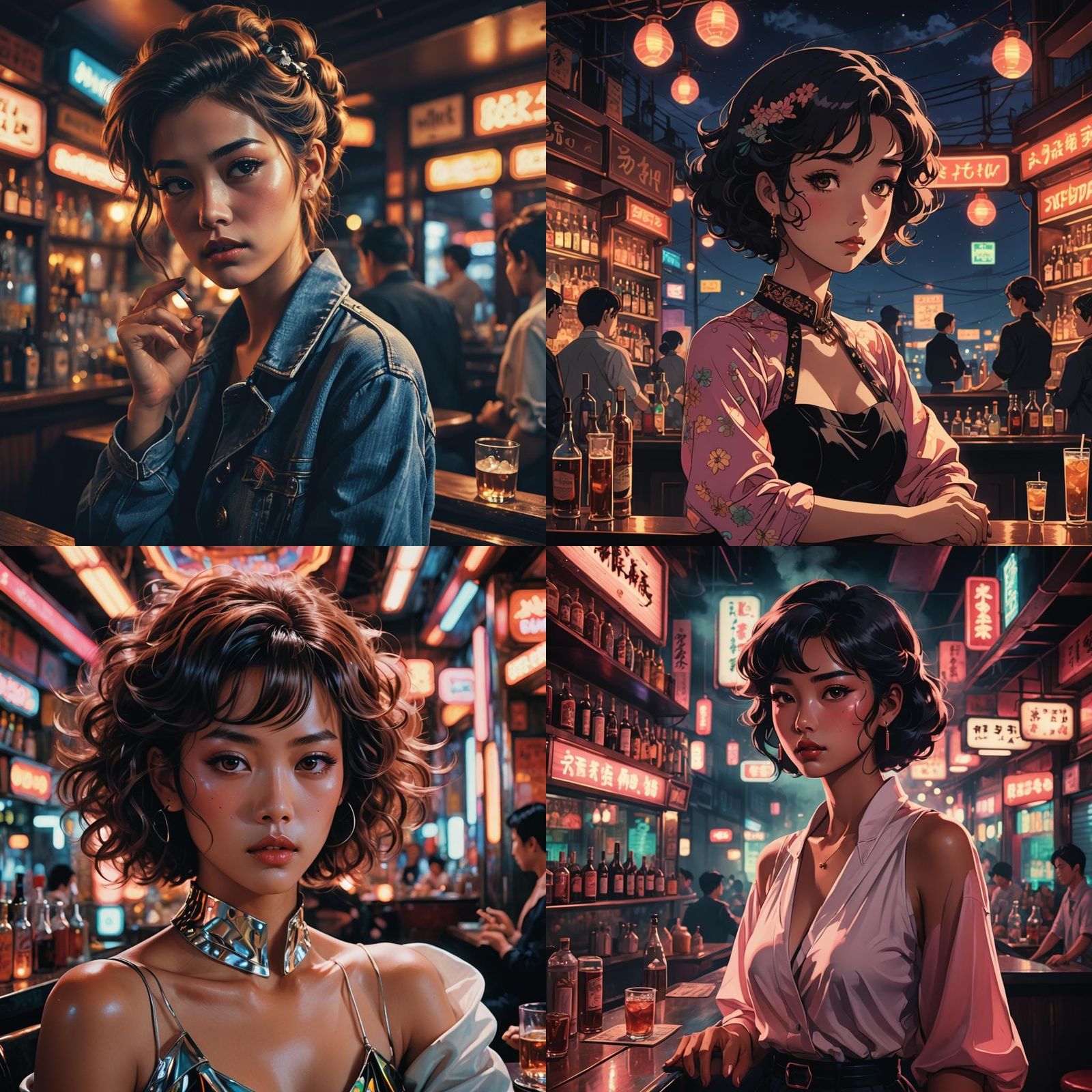 Anime Woman in Neon Bar, Wong Kar Wai Style