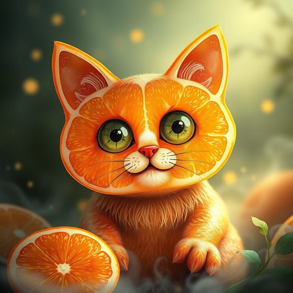 Whimsical Grapefruit Cat in Enchanted Fantasy Landscape