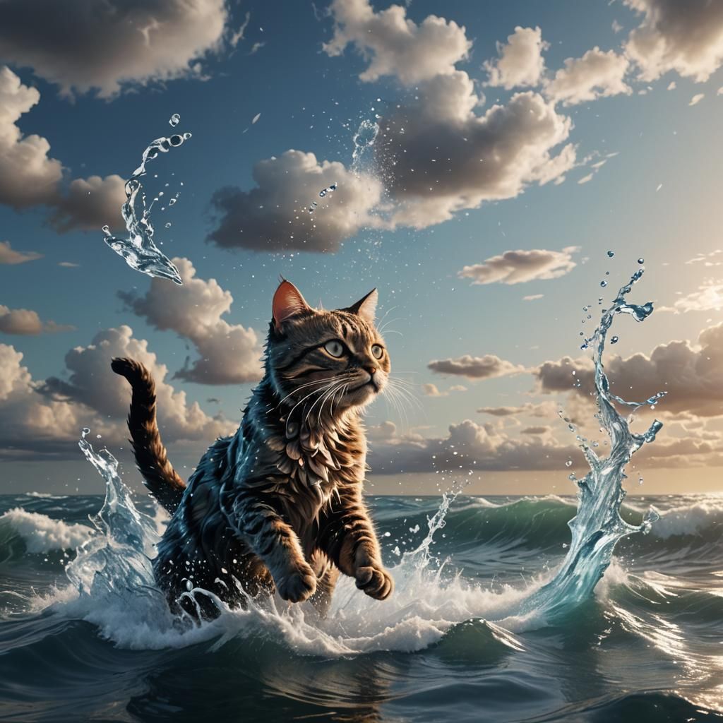Aquatic Cat Reaching Skyward: a Detailed Digital Painting