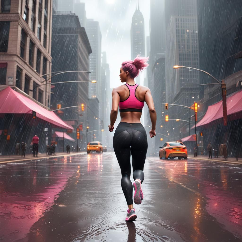 Woman Jogging in Rainy Chicago: Matte Painting