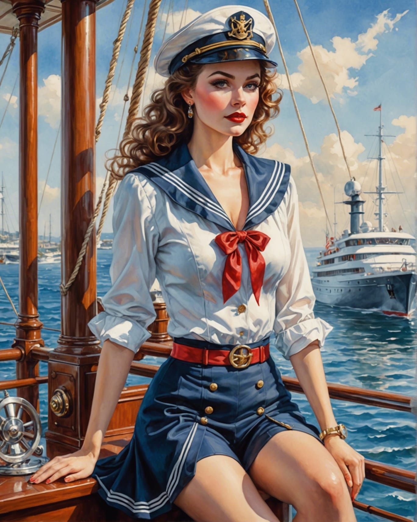 Sailor Pinup on Yacht, Watercolor Fantasy Art