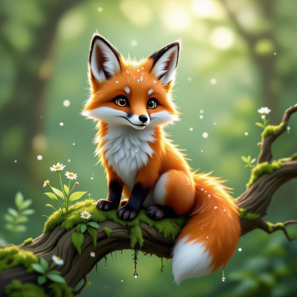 Moss and Wildflower Fox Creature on Gnarled Branch