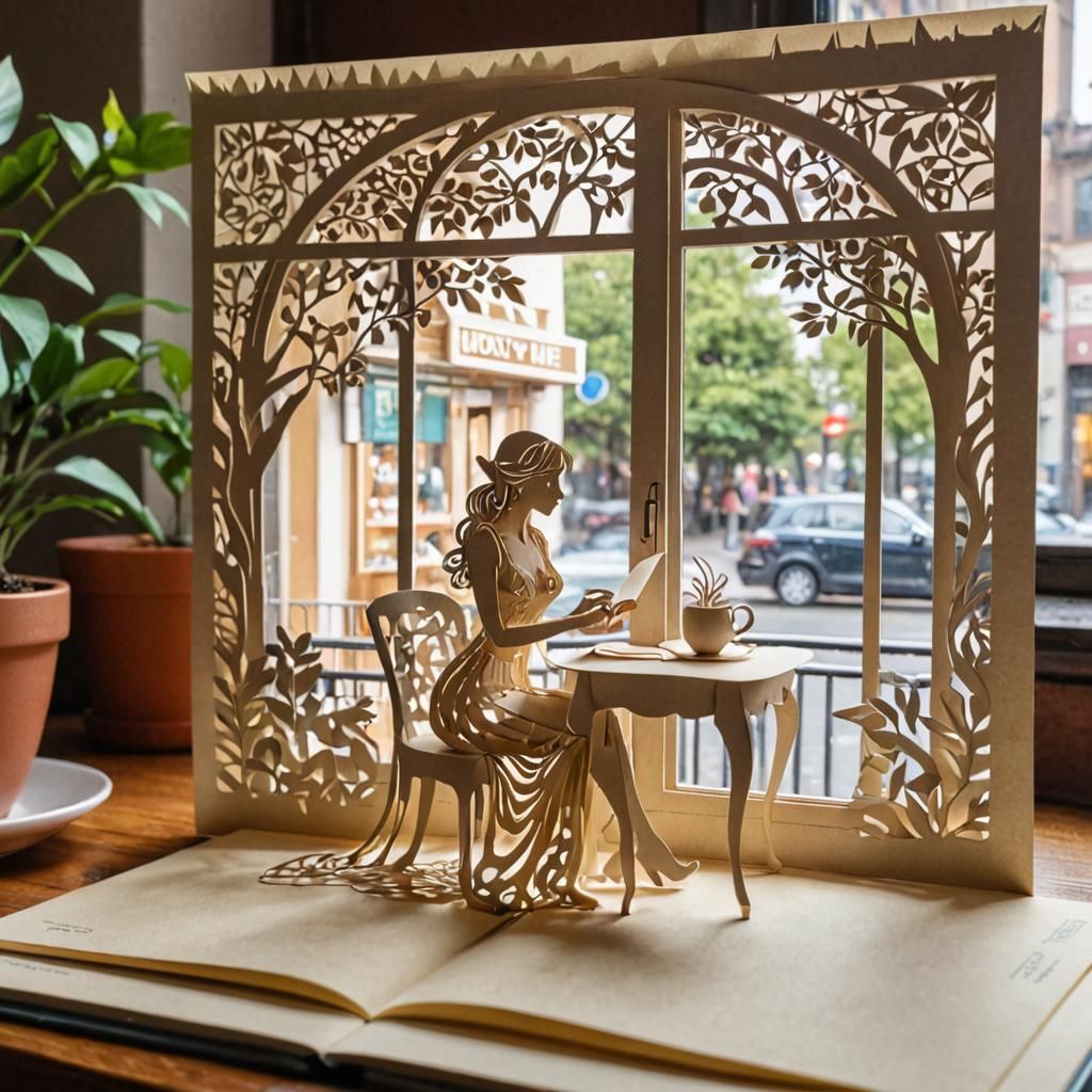 Kirigami Art: Woman Emerging from Book at Cafe