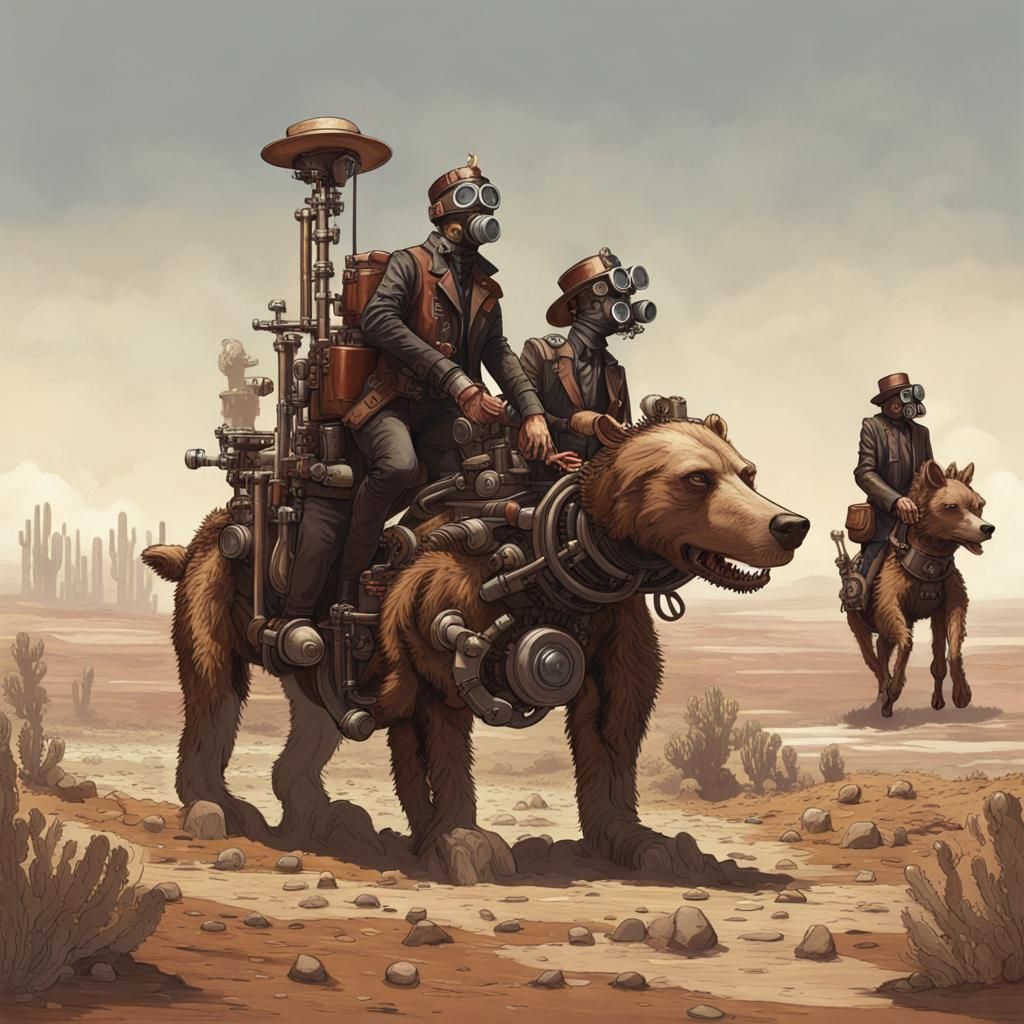 Wasteland Riders on Mechanical Bears in Steampunk Style