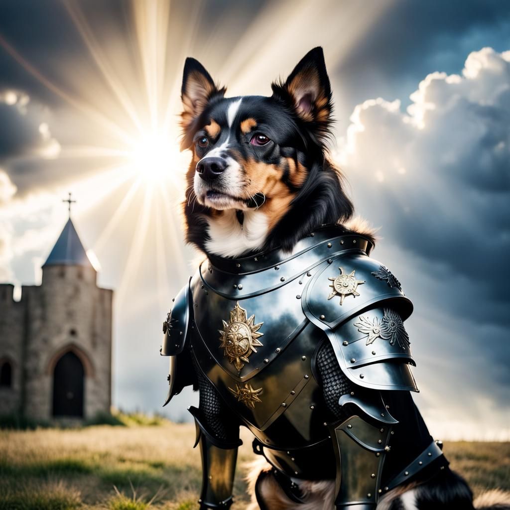 Dog in Black Medieval Armor in Divine Light