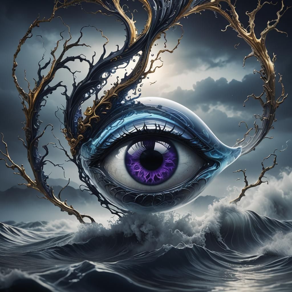 Surreal Glass 'A' with Eye and Brain: 3D Render