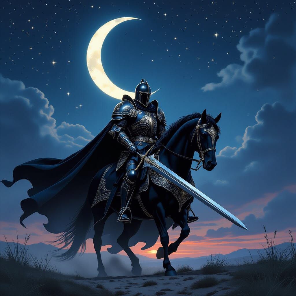 Black Knight Rides into Night Under Crescent Moon