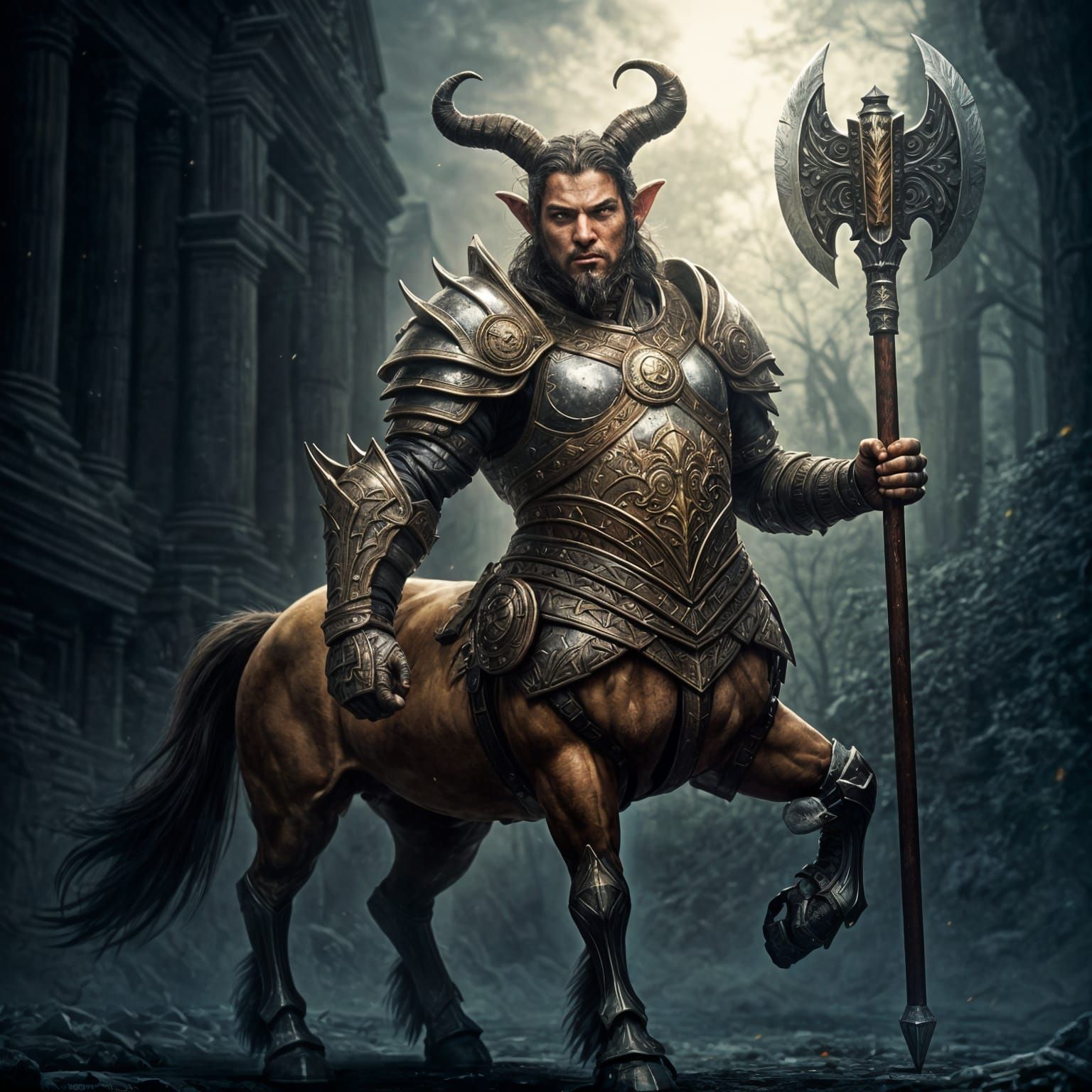 Hyperrealistic Armored Centaur in Heroic Pose