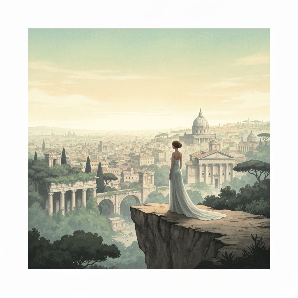 Woman Overlooking Ancient Rome at Dawn, Japanese Ink Wash St...