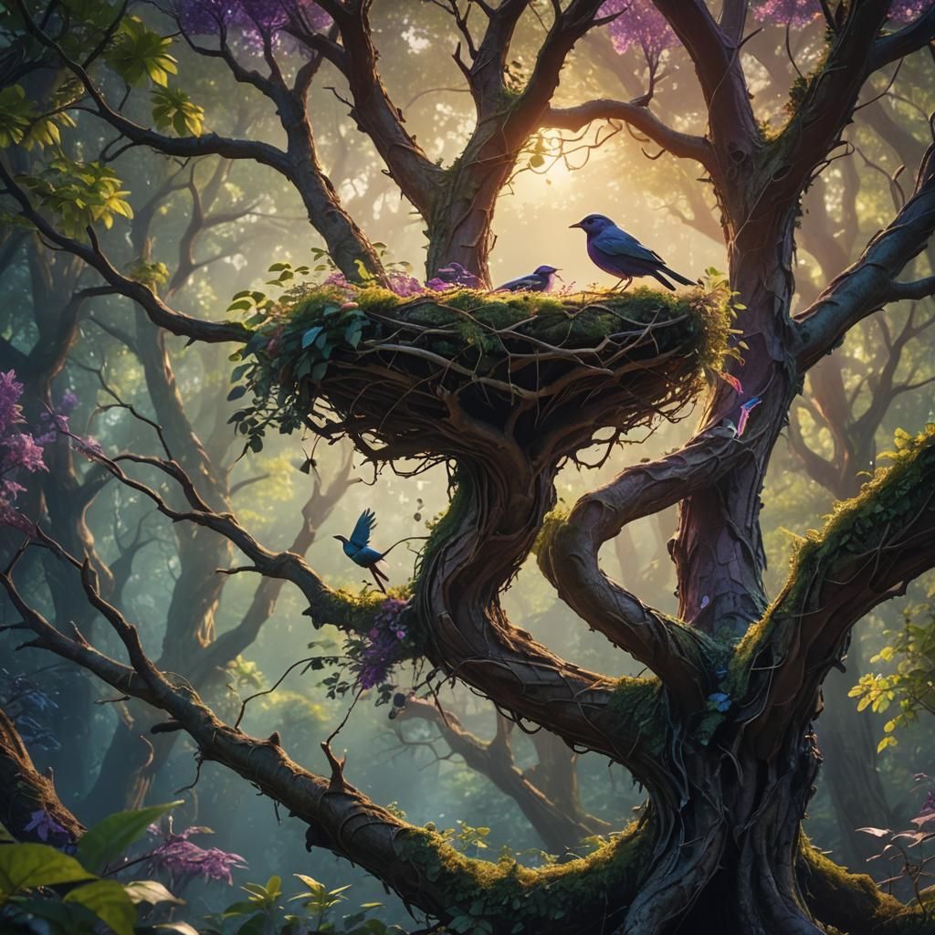 Bird Building Nest in Mystical Forest Concept Art