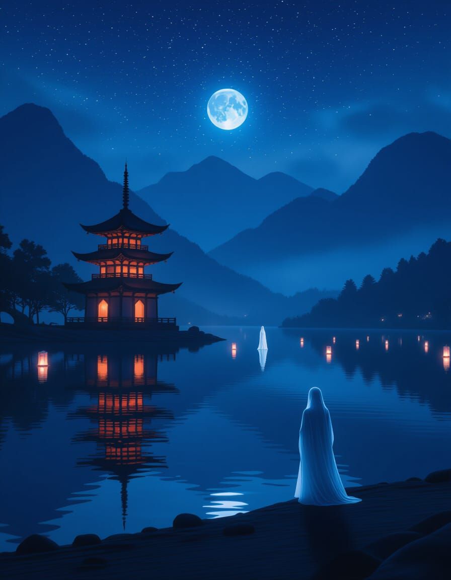 Glowing Pagoda Reflection on Misty Lake Under Indigo Sky