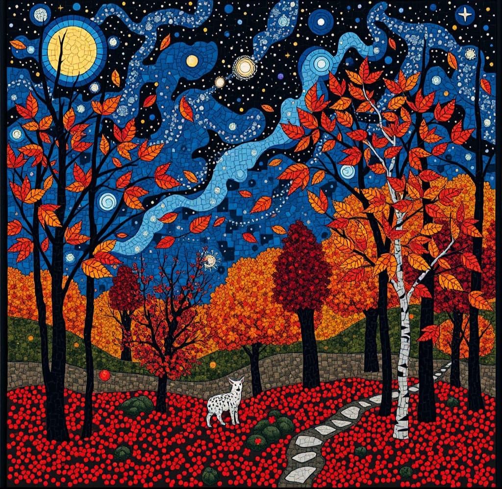 Autumn Woodland Mosaic with Cosmic Sky