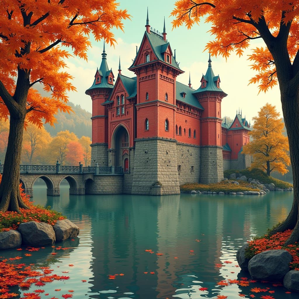 Red Castle Reflected in Lake: Ukiyo-e Style