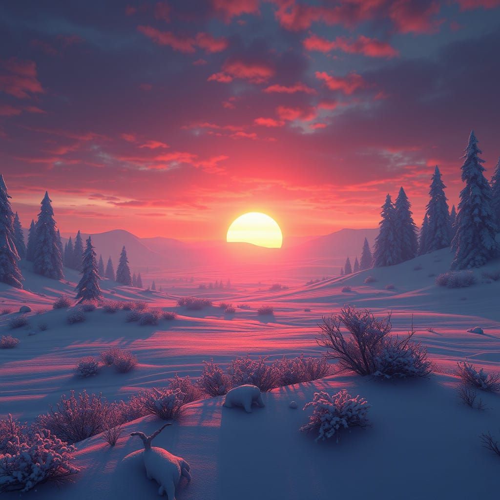 Surreal Winter Scene Unveils Heavenlit Sunset