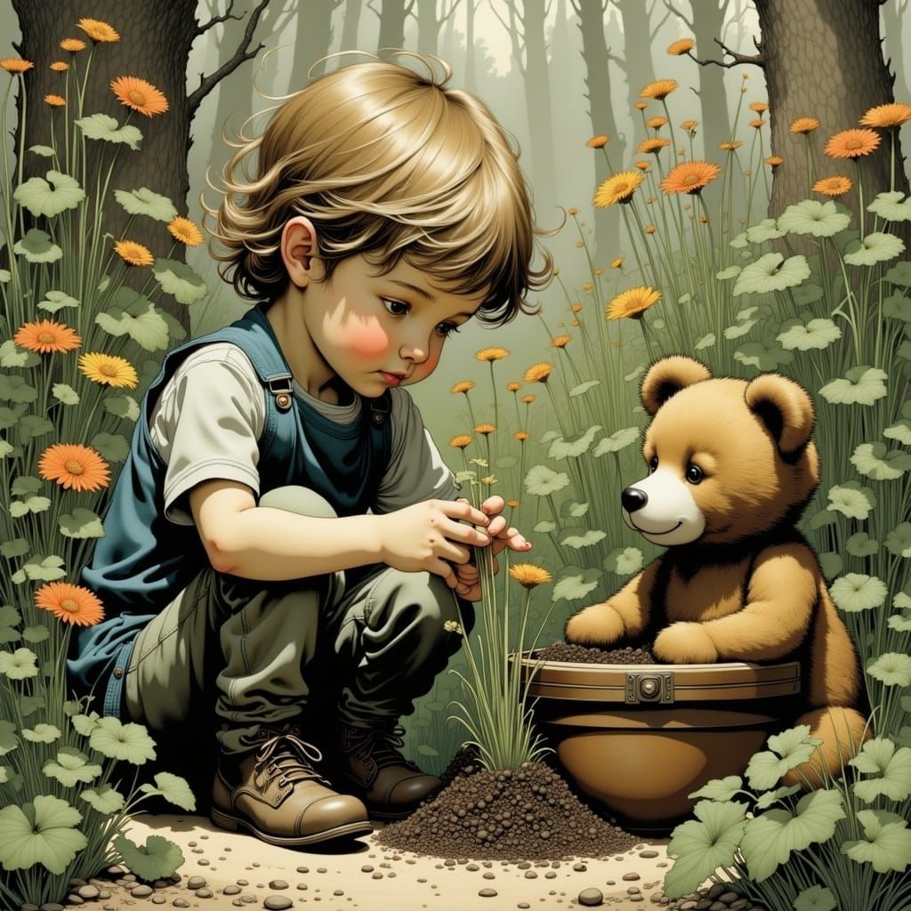 Toddler and Teddy Bear in Enchanted Garden