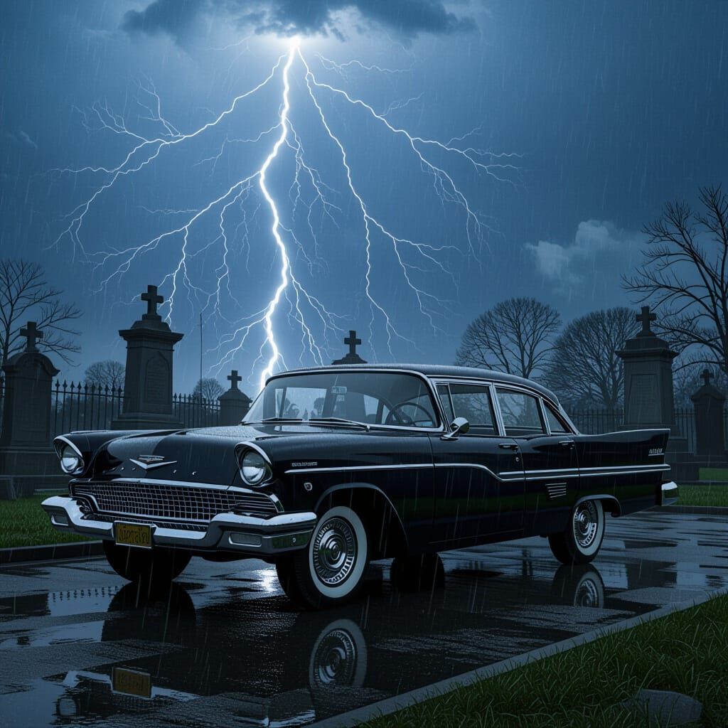 1959 Plymouth Belvedere in Stormy Cemetery with Lightning