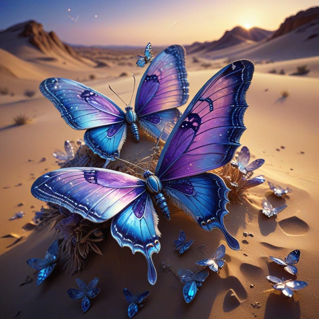 Crystalline Desert with Ethereal Moths, Surreal Illustration