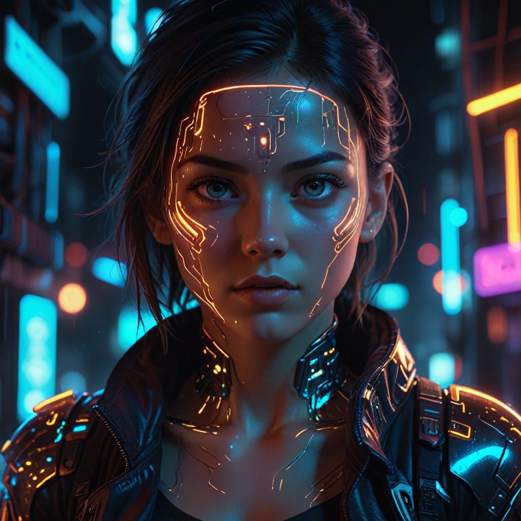 Sci-Fi Portrait with Neon Lights and Circuitry