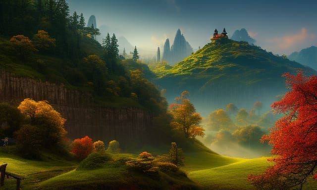 Fantastical Chinese Village Temple, Oriental Concept Art