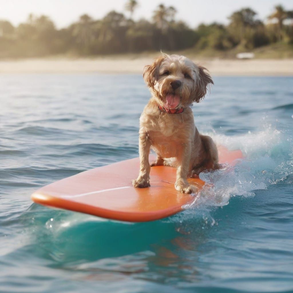 Dog Rides Surfboard on Sunny Day