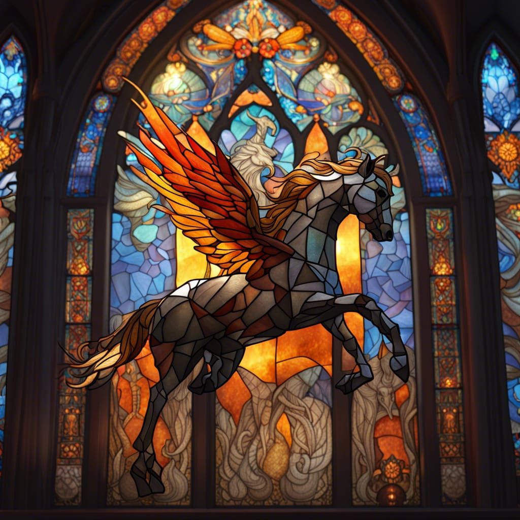 Stained Glass Winged Horse in Art Nouveau Style