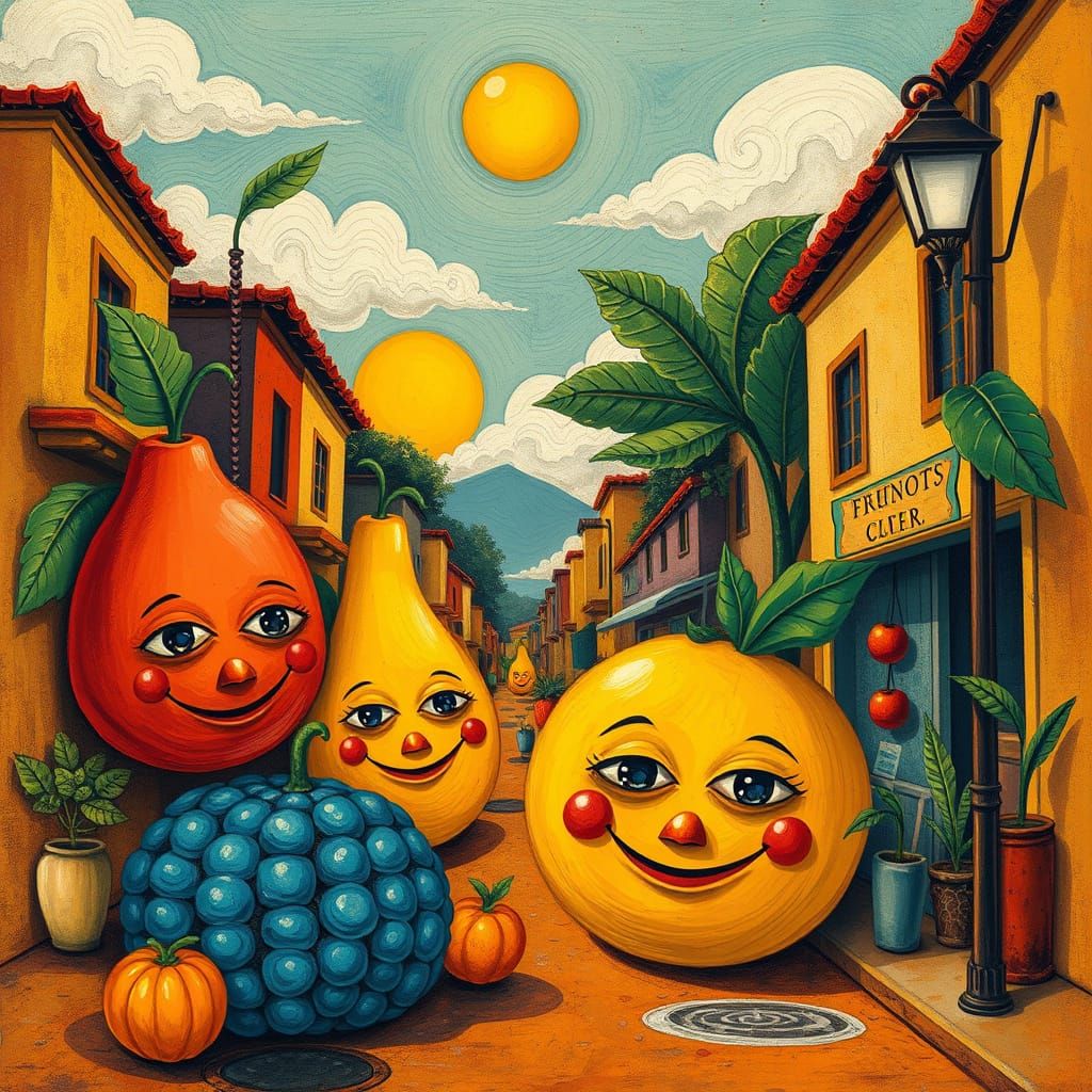 Whimsical Fruit Faces in Folk Art Style