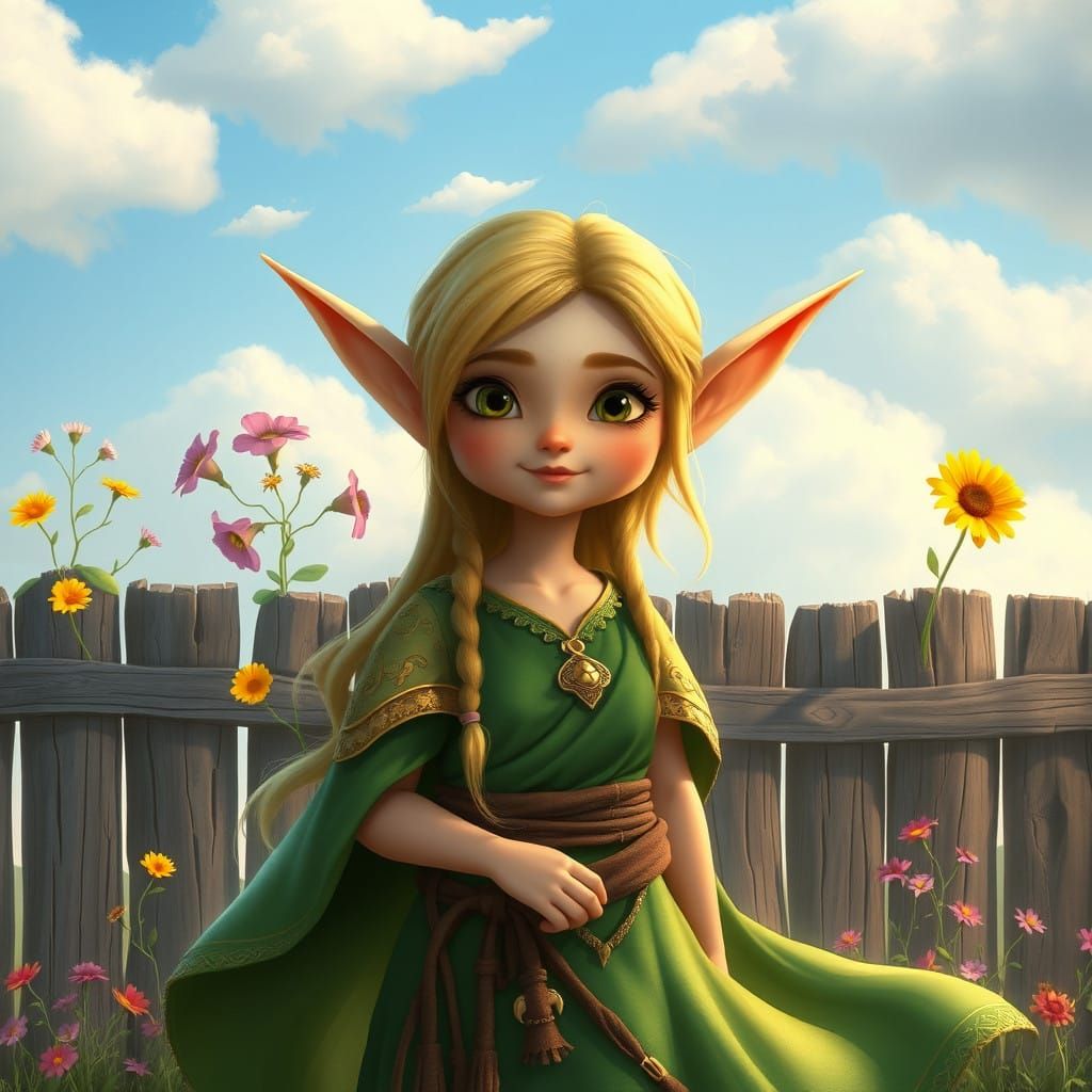Whimsical Elf Maiden in Emerald Tunic Amidst Blooming Wildfl...