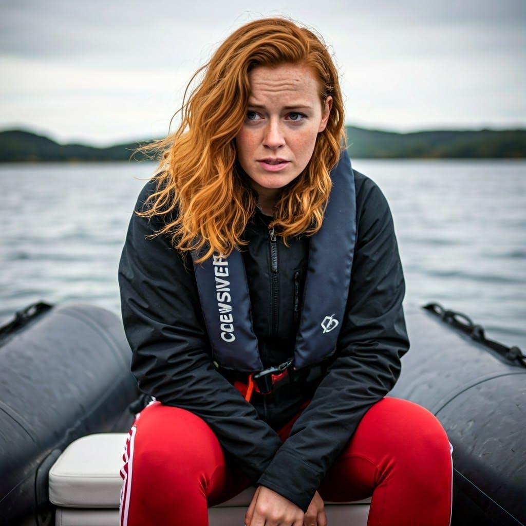 Portrait of a Young Woman in a Rib Boat, Exuding Discomfort
