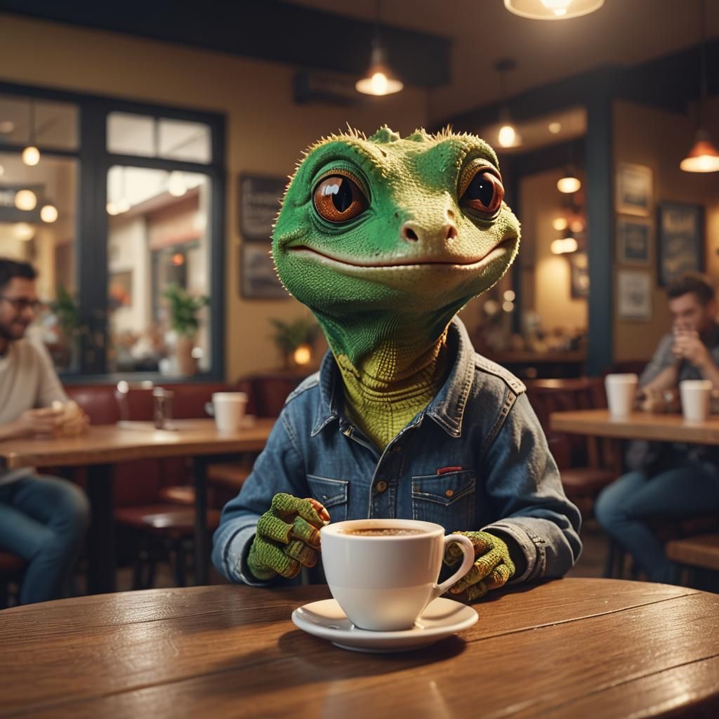 Anthropomorphic Gecko Enjoying Coffee in Cafe