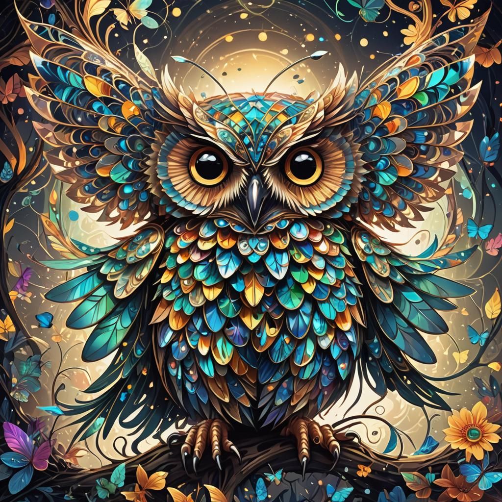 Fairy Owl with Butterfly Wings in Psychedelic Style