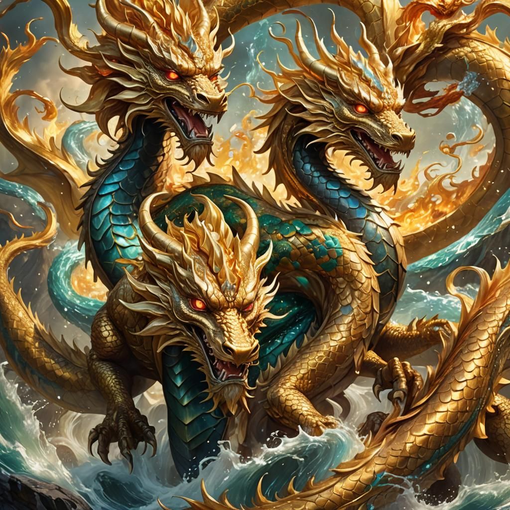 Three-Headed Golden Dragon in Magical Realism Style