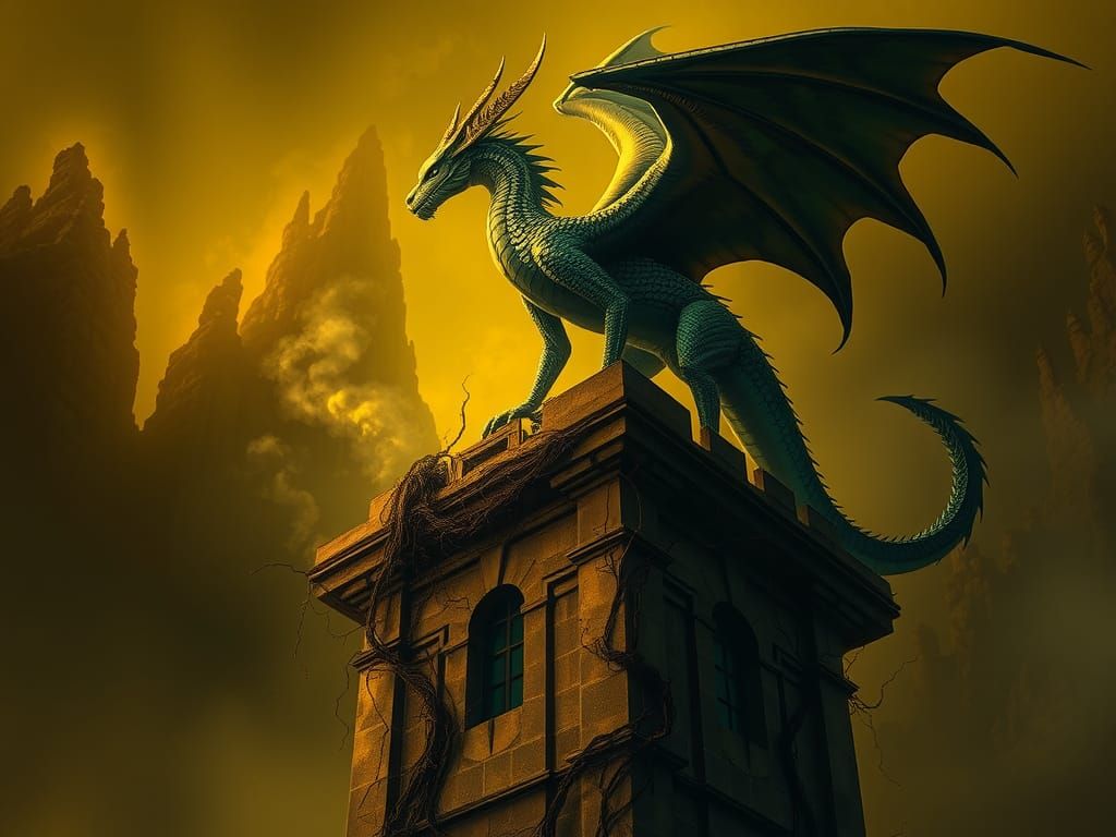 Iridescent Dragon Perched on Ancient Tower