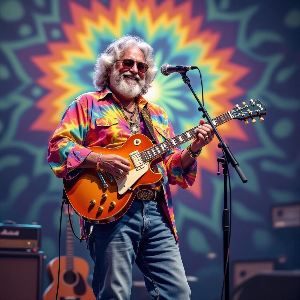 Jerry Garcia on Stage in Psychedelic Style