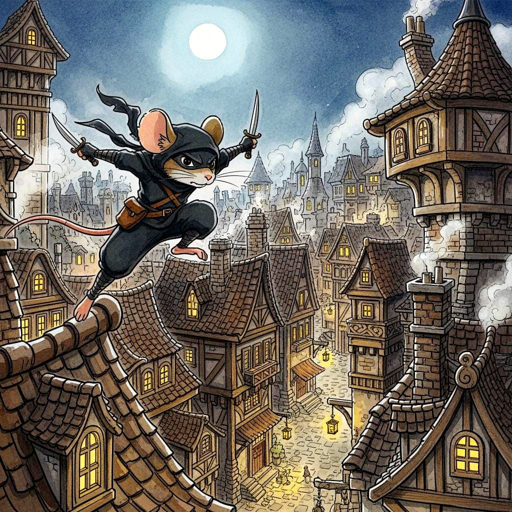 Mouse Ninja Leaping Through Medieval City in Watercolor