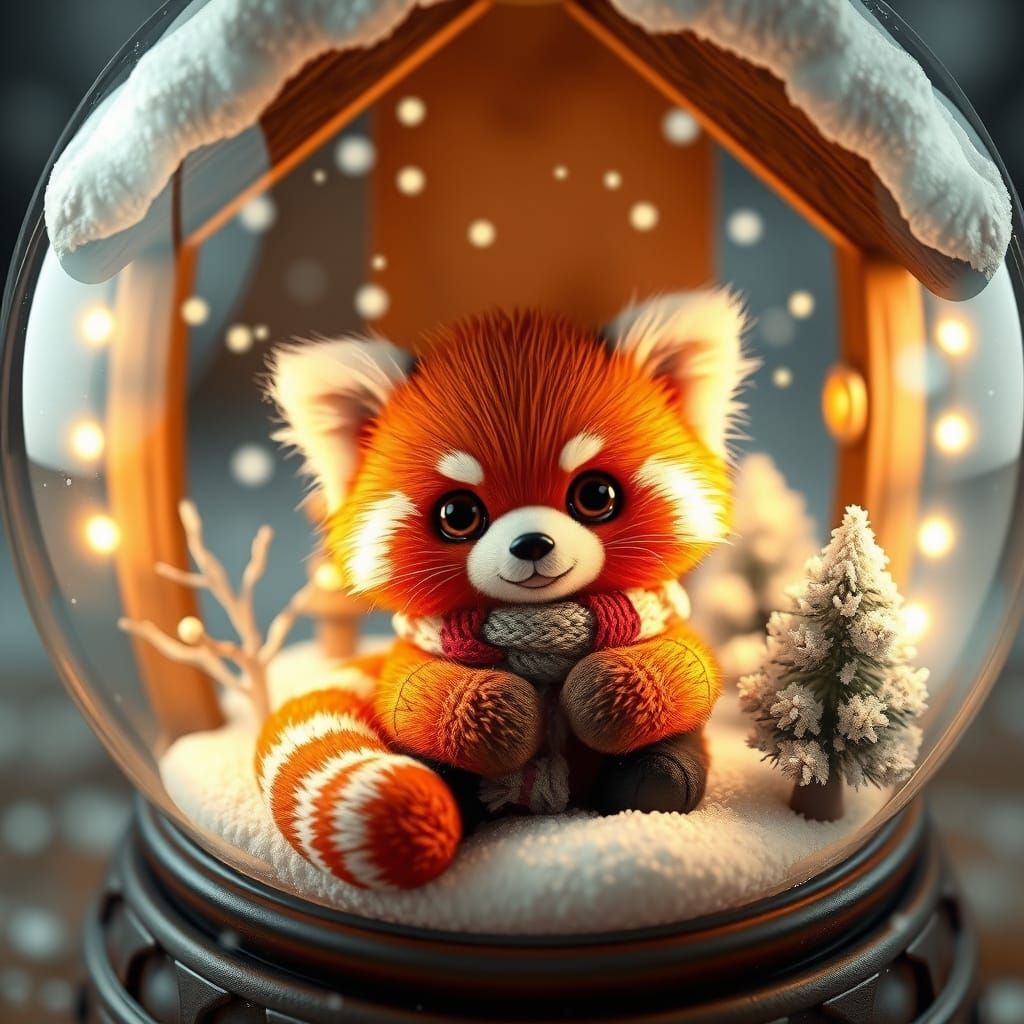 Whimsical Red Panda in Cozy Snow Globe Cottage
