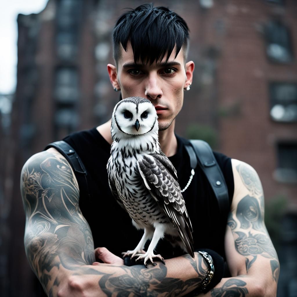 Goth Man with Owl in New York, Professional Photography