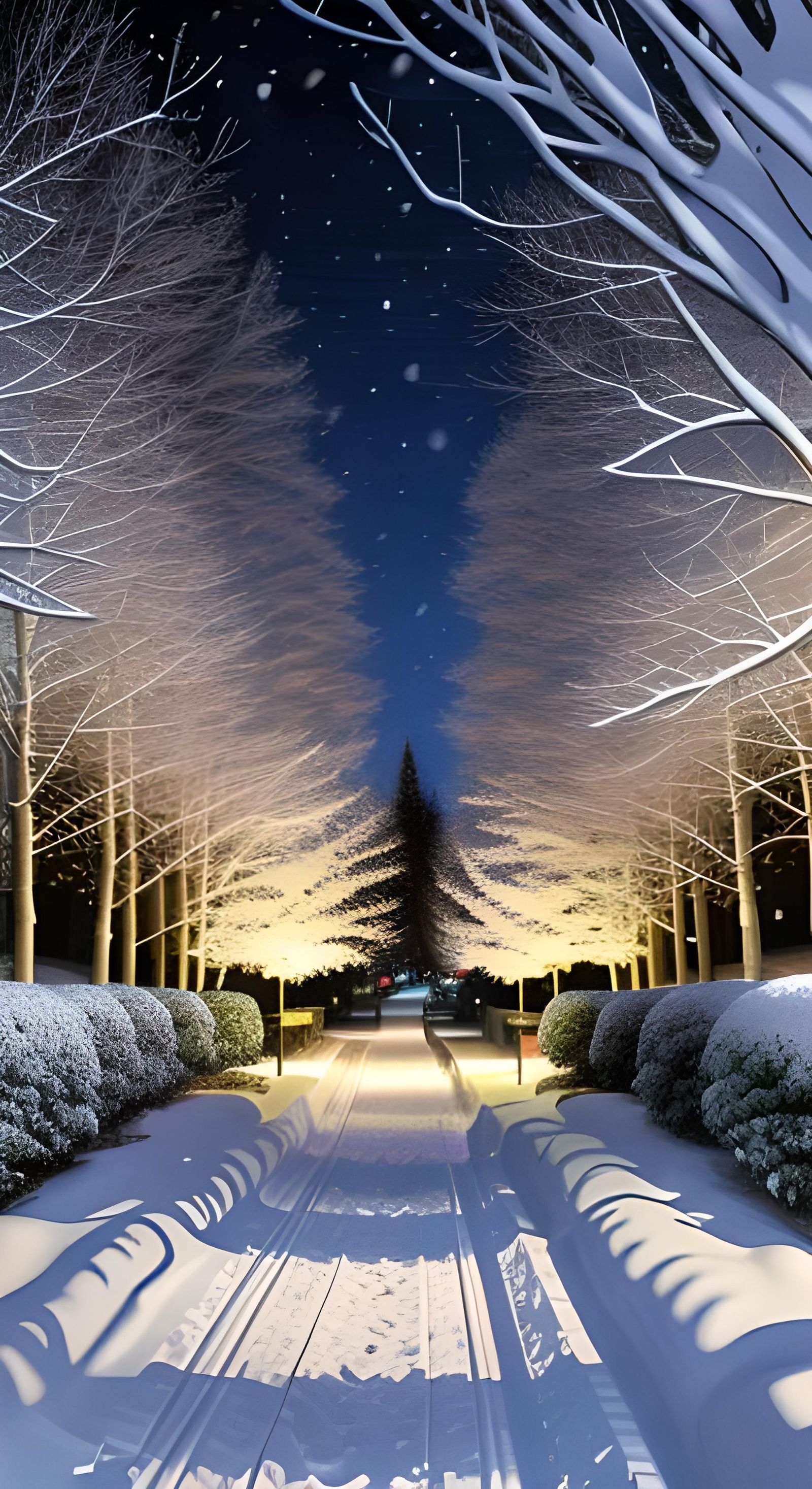 Impressionist Night Scene: Snowy Park Bench