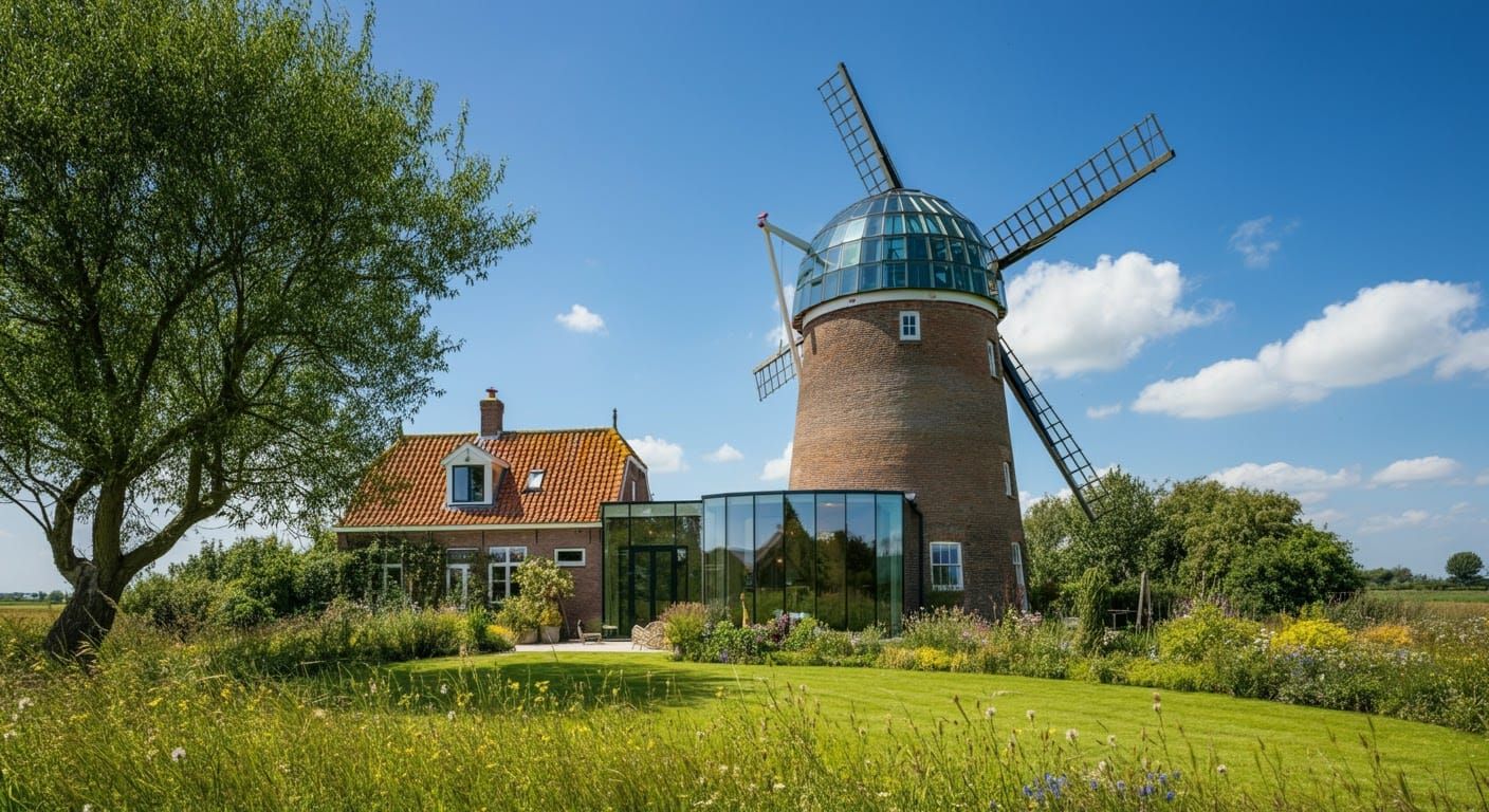 Renovated Brick Windmill with Glass Dome and Modern Design