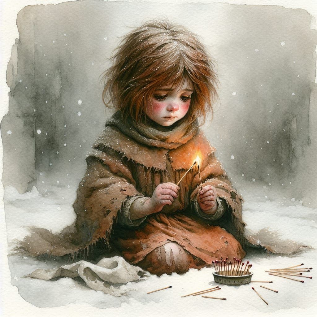 A watercolor illustration inspired by the story of the Little Match Girl.