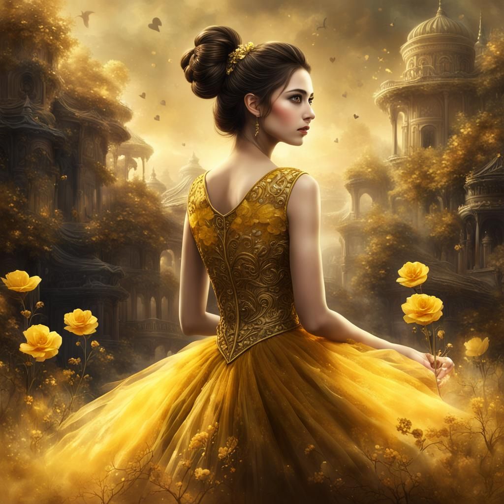 Elegant Maiden in Yellow Dress, Fantasy Art