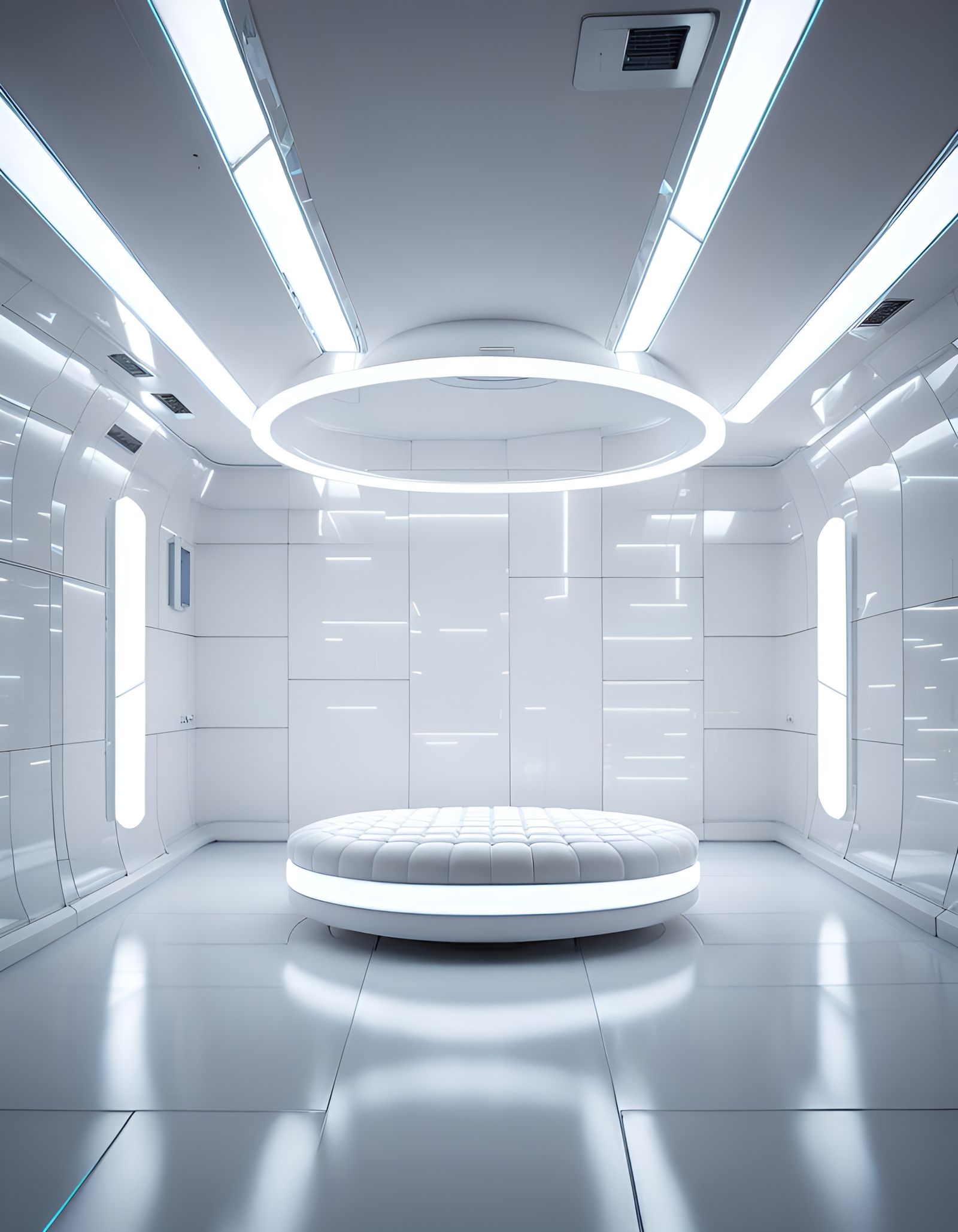 Futuristic White Room with Neon Lighting and Sleeping Pod