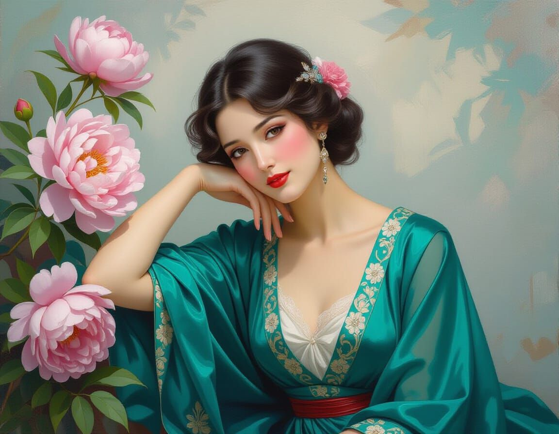 Elegant Woman in Teal with Peony, Oil Painting