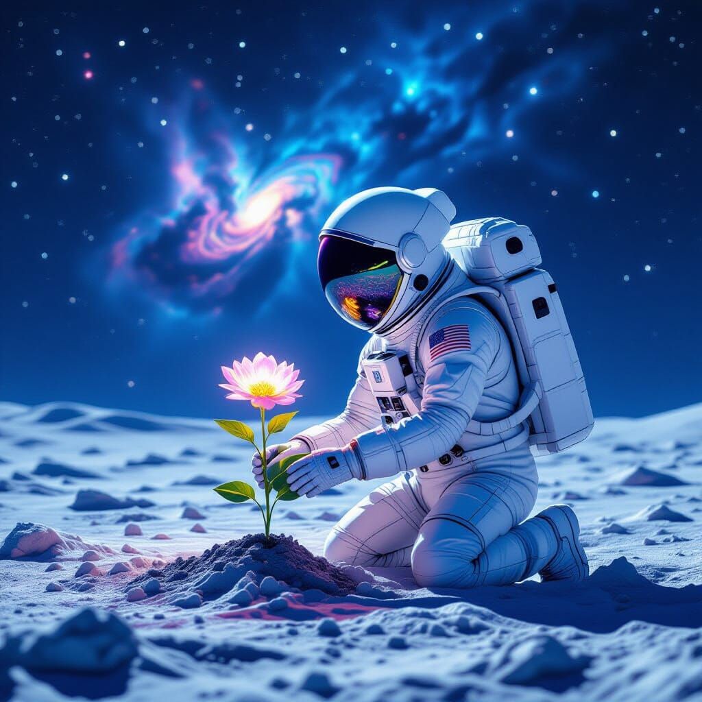Astronaut Plants Glowing Flower on Cratered Moon