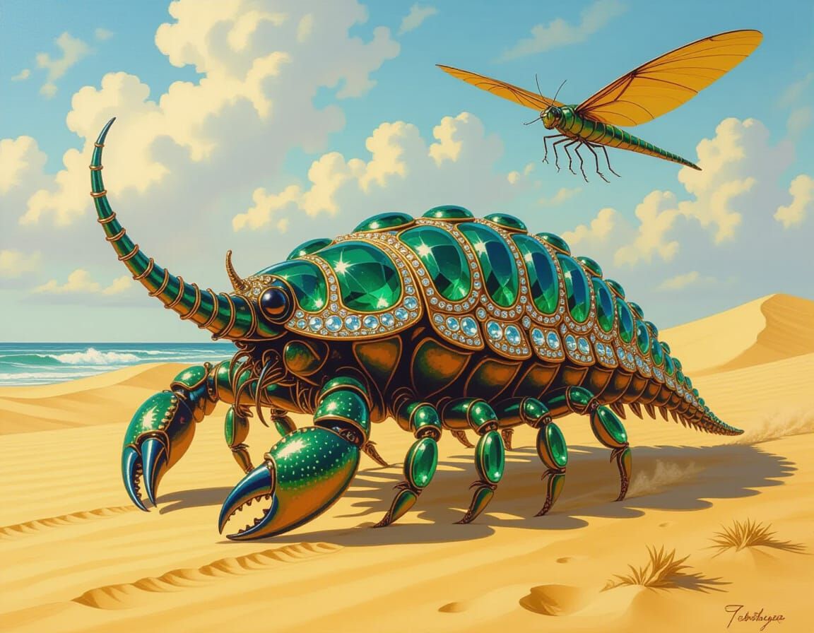 Bejeweled Trilobite Trots Beside Pterocopter: Oil Painting