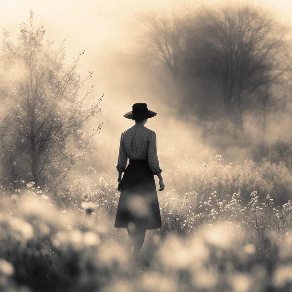 Black and White Spring Meadow Scene in Film Noir Style