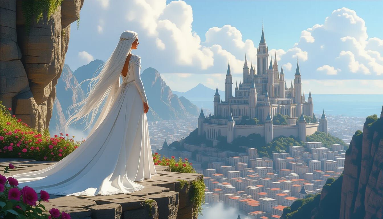 Woman Overlooking Lush City in Dinotopia Style